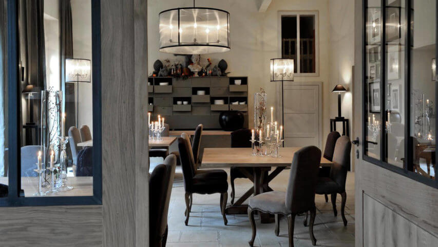 Chateau Perche dining area with candles and chandelier